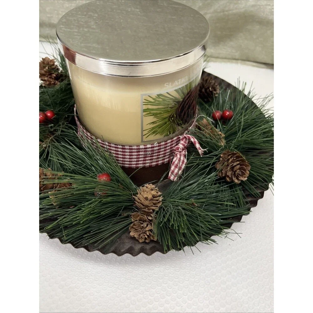 Slatkin & Co Pine Candle Table Decor Candle 4x4” Plate 9x9” Holiday Christmas